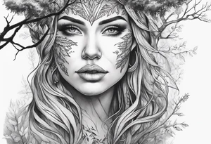 Forest goddess looking down tree branches forming into her face tattoo idea