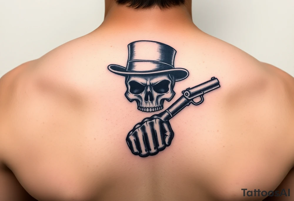 voodoo skull, top hat, dead mans card hand, six guns tattoo idea