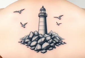 Lighthouse surrounded by boulders in the sea with high waves and seagulls flying around tattoo idea