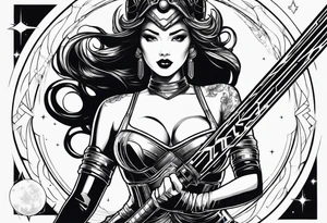 Pinup woman holding light saber in space tattoo idea