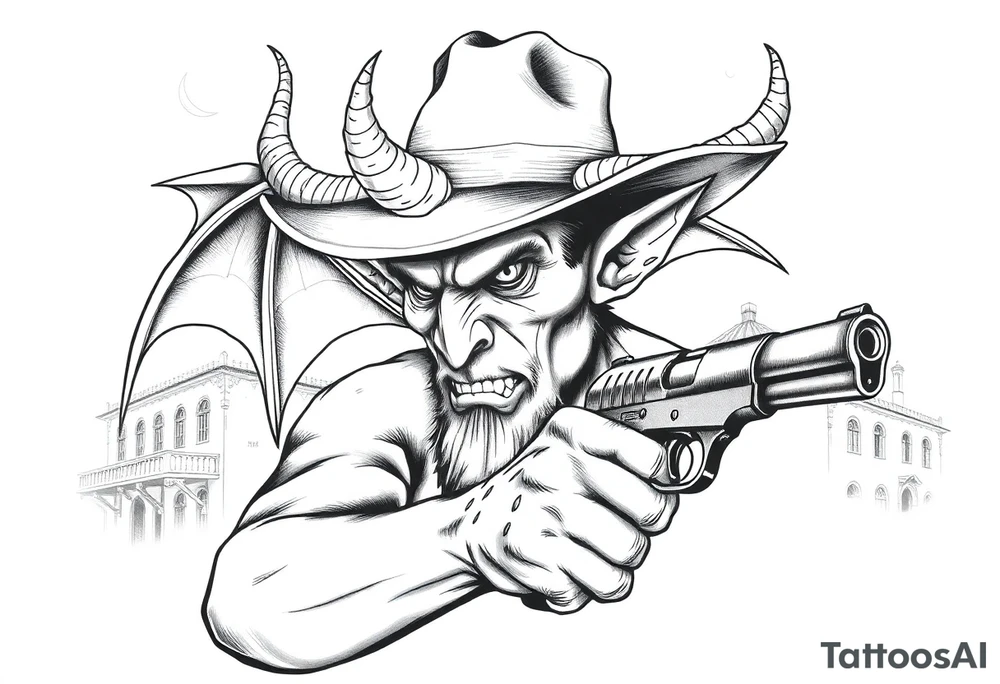 a demon with cowboy-hat ,a gun in a hand, old buildings in the background. tattoo idea