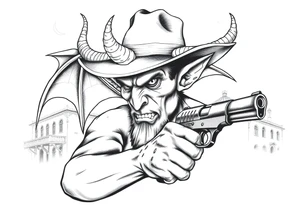 a demon with cowboy-hat ,a gun in a hand, old buildings in the background. tattoo idea