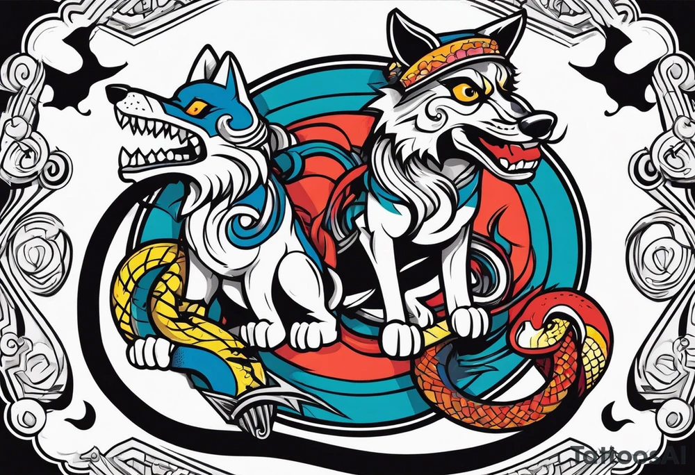 A skull, a Wolf and a Snake making a circle, insider a Hammer and a thunder tattoo idea