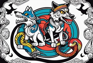 A skull, a Wolf and a Snake making a circle, insider a Hammer and a thunder tattoo idea