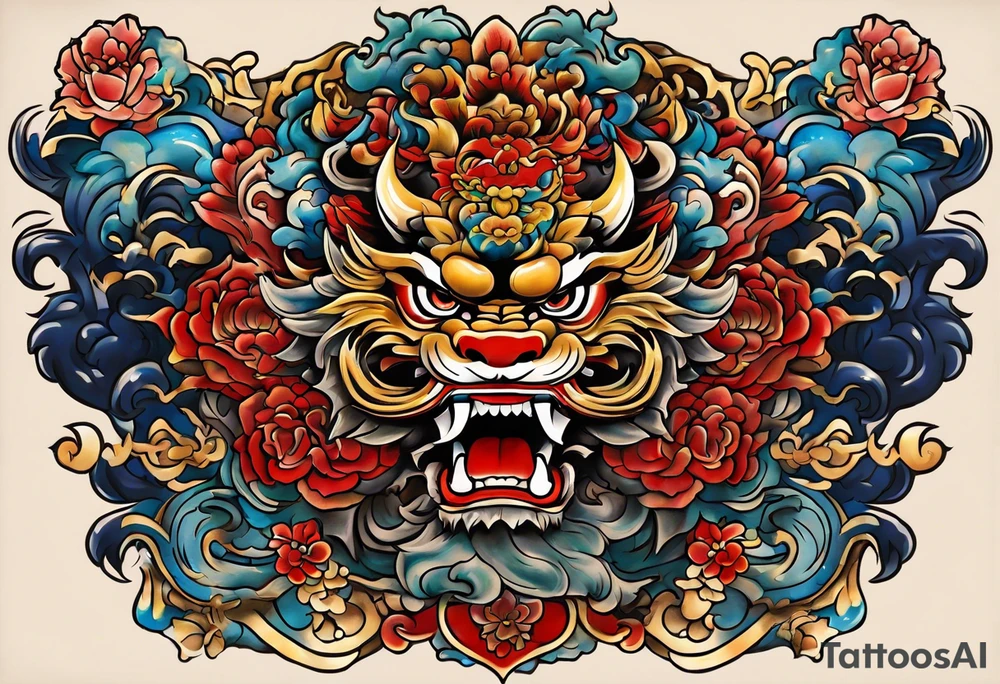Double sided chest piece, done in Neo Japanese style of Okinawa shisa. On one side is the male with his mouth open to fend off evil, and the other side, the femal with her mouth closed to keep good in. tattoo idea