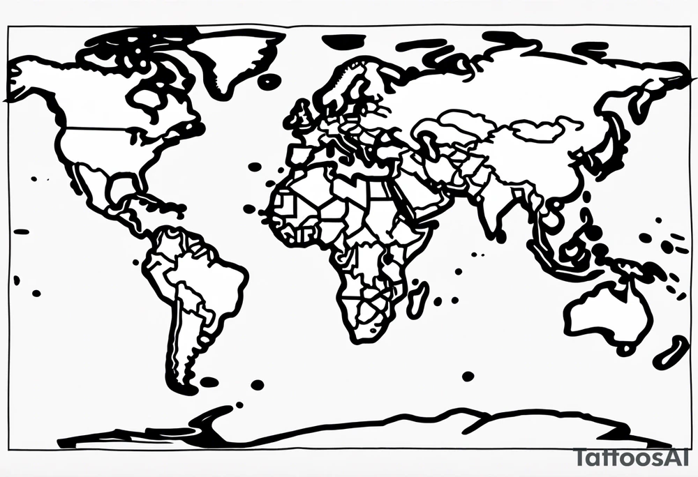 the earth on a flat map with no shading placed on a grid with only the lines with accurate depictions of the borders in countries while having it in an oval/circular position on a grid without any borders on the sides while having the countries not have such bold borders tattoo idea