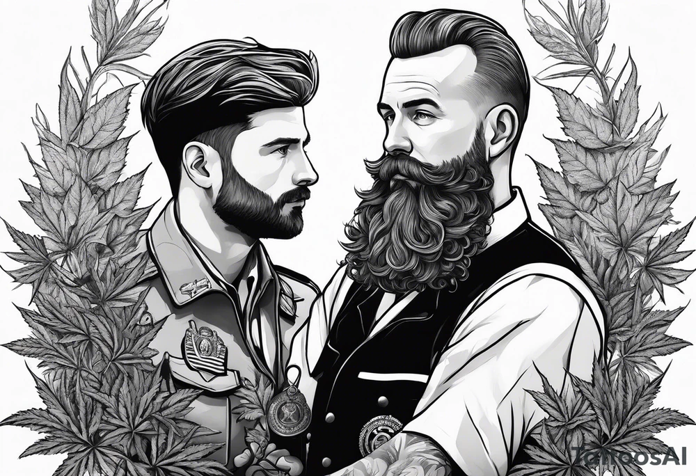 big short hair 
irish guy with beard and bald german military doctor sitting on a cannabis plant tattoo idea