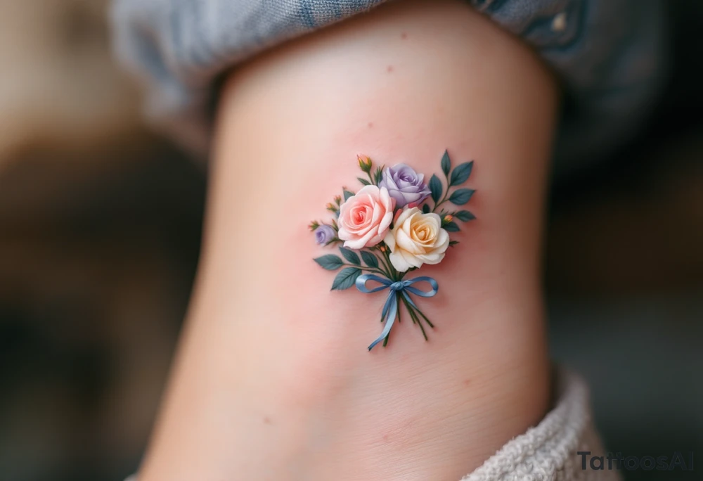 Tiny bunch of miniature pastel roses (pink, lavender, and cream) tied together with a soft blue ribbon. tattoo idea