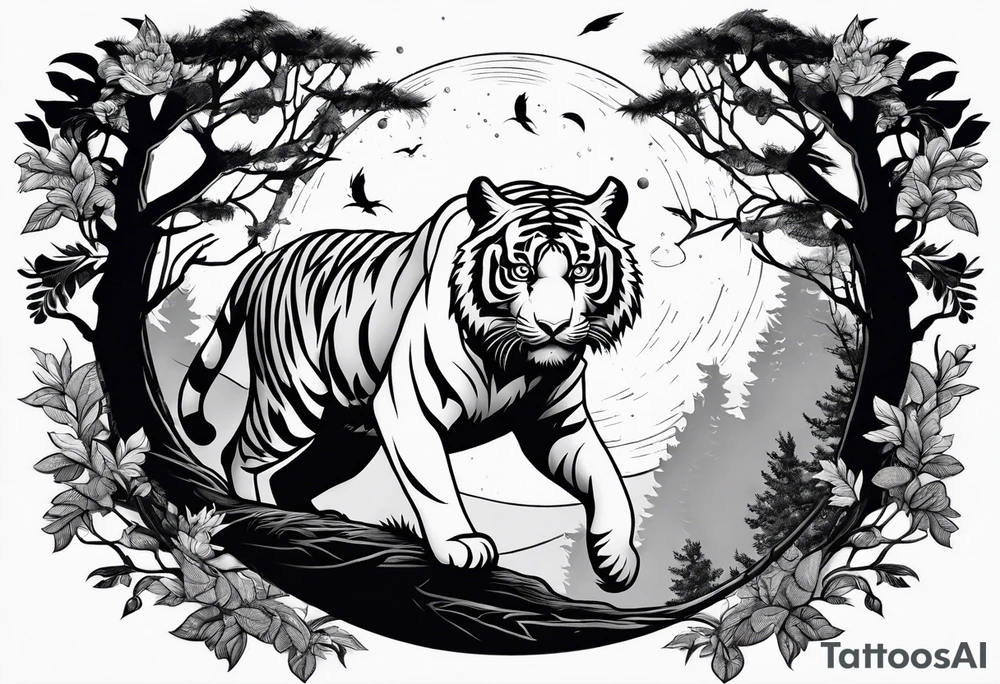 Tiger hunting a flying owl underneath a full moon in a forest tattoo idea