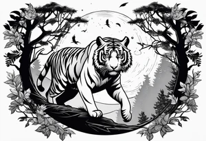 Tiger hunting a flying owl underneath a full moon in a forest tattoo idea