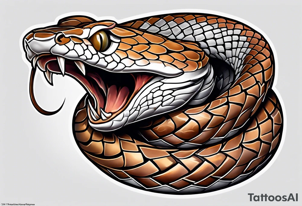 Copperhead coiled up with head turned up and mouth open and copper colored eyes tattoo idea