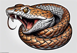 Copperhead coiled up with head turned up and mouth open and copper colored eyes tattoo idea