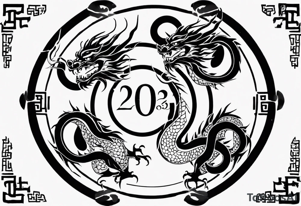 Chinese dragon in a circular shape with "02.03" written on its skin tattoo idea