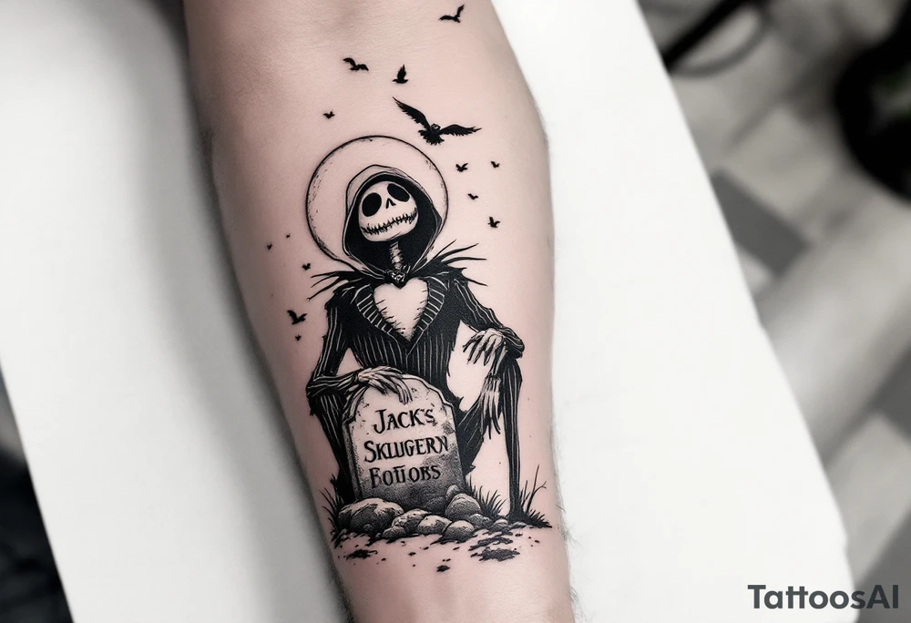 jack skellington sitting on tombstone, birds, clouds tattoo idea