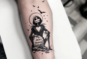 jack skellington sitting on tombstone, birds, clouds tattoo idea