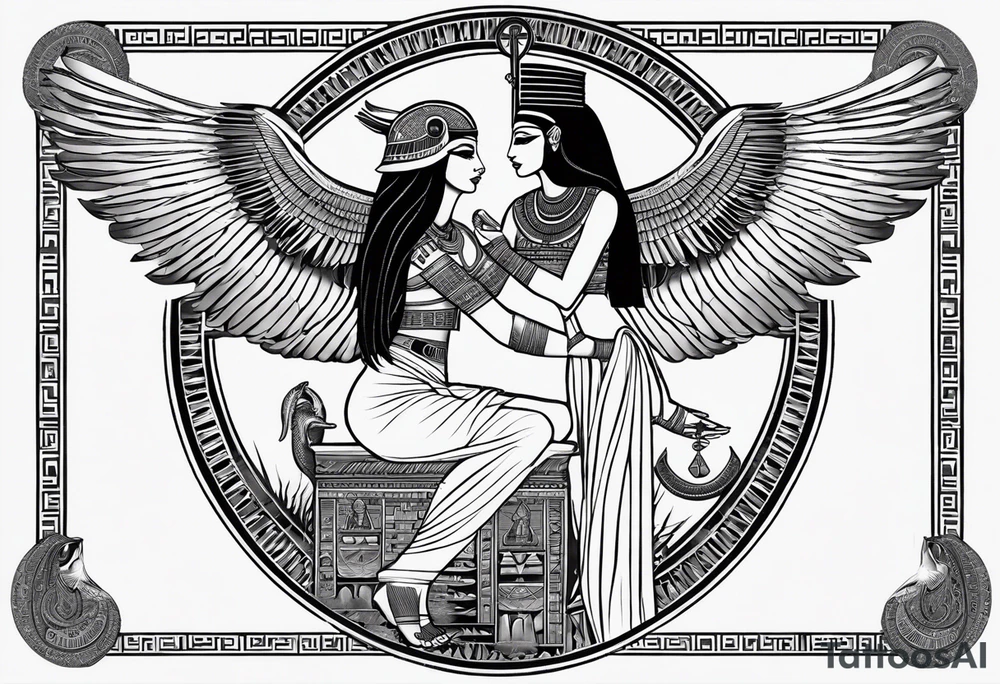 blank and white Egyptian goddess Isis, who is often depicted as a woman with outstretched wings, holding an ankh (a symbol of life) in one hand and a lotus flower in the other. Her headdress often includes a throne or a solar disk. The tattoo design can vary in style and size, but it typically aims to capture the essence of this revered Egyptian deity, emphasizing her beauty, power, and maternal qualities. The choice of colors and additional elements can also be customized to create a unique and visually striking representation of the goddess Isis tattoo idea