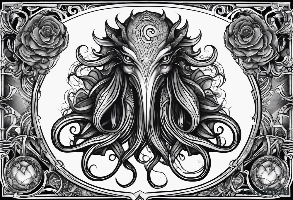 Lovecraftian creature. Protecting heart. Long tattoo for sleeve. Vertical. tattoo idea
