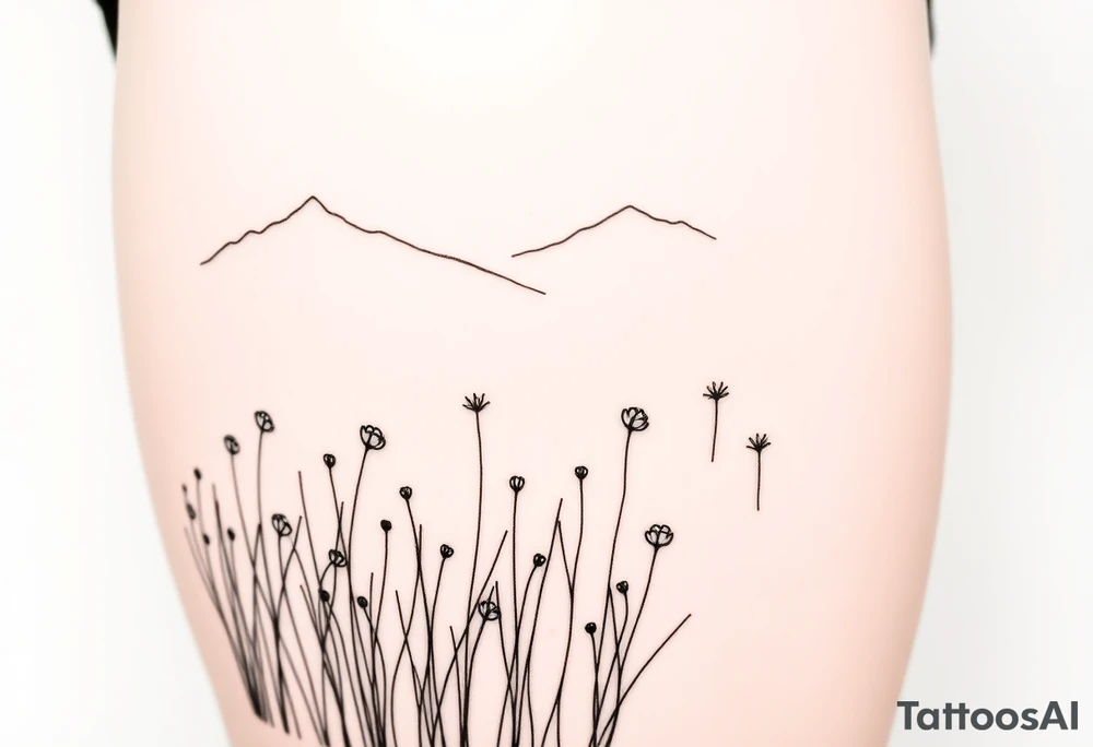 A field with long grass and flowers with mountains in the background tattoo idea