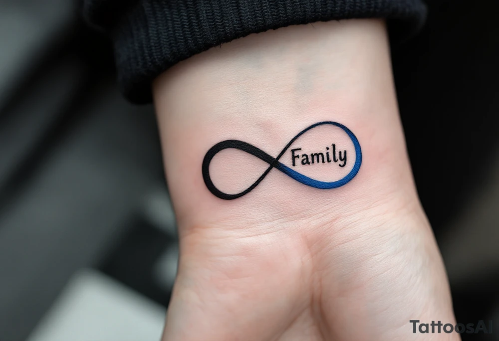 word "Family" in an infinity symbol, one half black, the other shaded in cobalt blue. tattoo idea