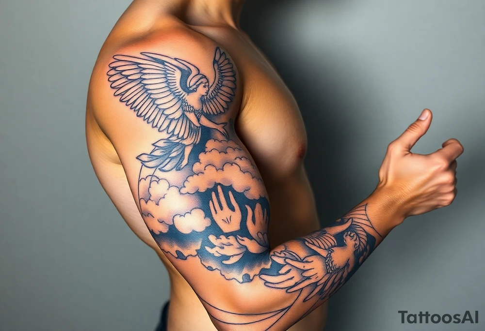 cast all your anxiety on him because he cares for you" with angels and clouds and hands tattoo idea