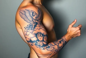 cast all your anxiety on him because he cares for you" with angels and clouds and hands tattoo idea
