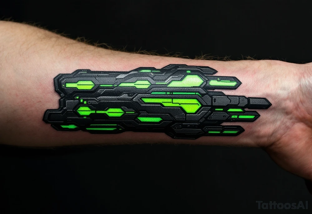 A sleek exo-arm design in carbon fiber black and electric green, with overlapping panels mimicking armor across the fingers. tattoo idea