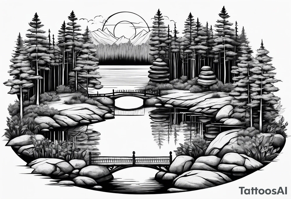 A small forest with a round lake. With a piece of rock in the middle. On the rock there is a gate tattoo idea