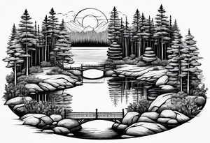 A small forest with a round lake. With a piece of rock in the middle. On the rock there is a gate tattoo idea
