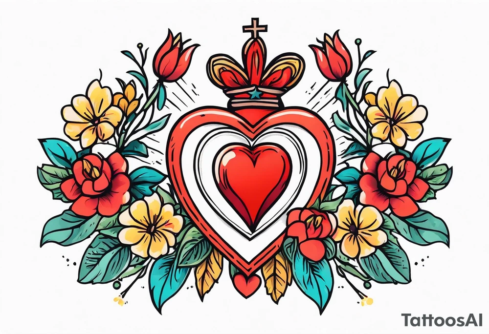 sacred heart traditonal vintage tattoo colorful with flowers tattoo idea