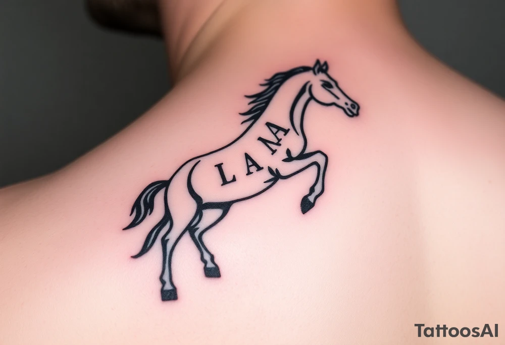 horse silhouette 
from the front which gallops from the front, with the 3 small letters discreetly integrated: L, A, M tattoo idea