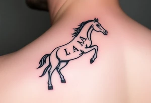 horse silhouette 
from the front which gallops from the front, with the 3 small letters discreetly integrated: L, A, M tattoo idea