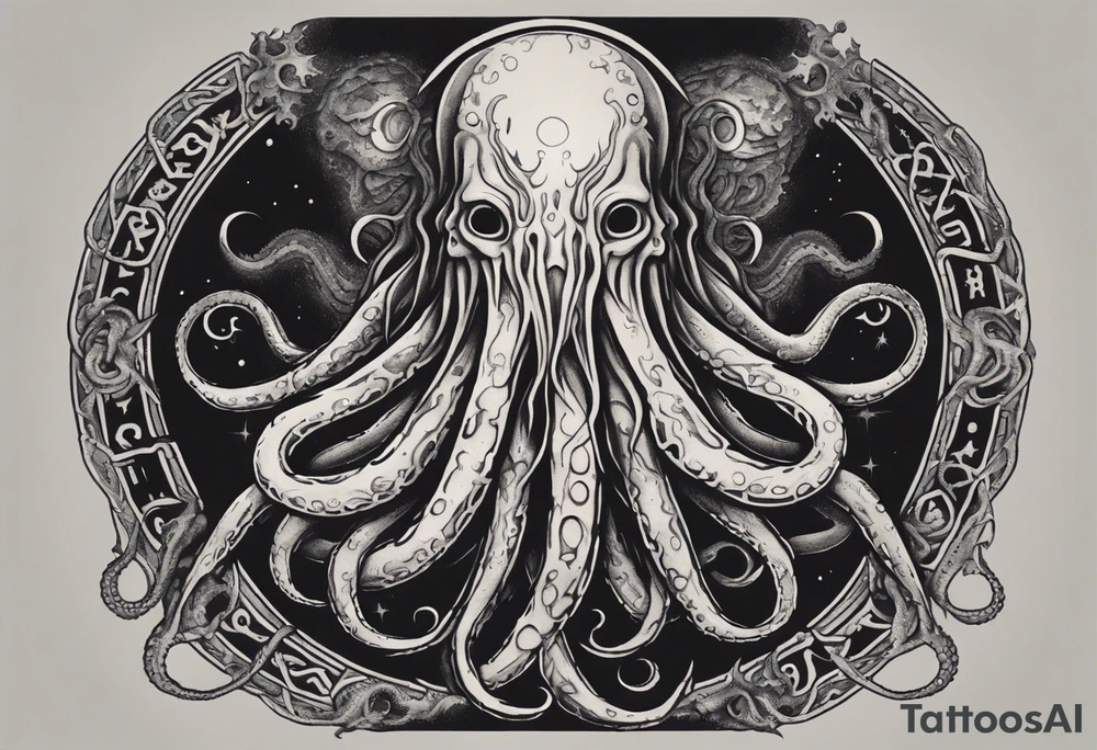 The tattoo features a cosmic and mysterious scene inspired by Lovecraft's works. At the center of the forearm, envision a detailed Lovecraftian creature surrounded by an eerie atmosphere. Tentacles extend down, wrapping around the wrist and ascending along the hand. Dark shading adds depth, and iconic Lovecraftian symbols or runes could intertwine with the creature. Consult with a professional tattoo artist to tailor the design to your preferences and ensure it fits well on your forearm and hand. tattoo idea