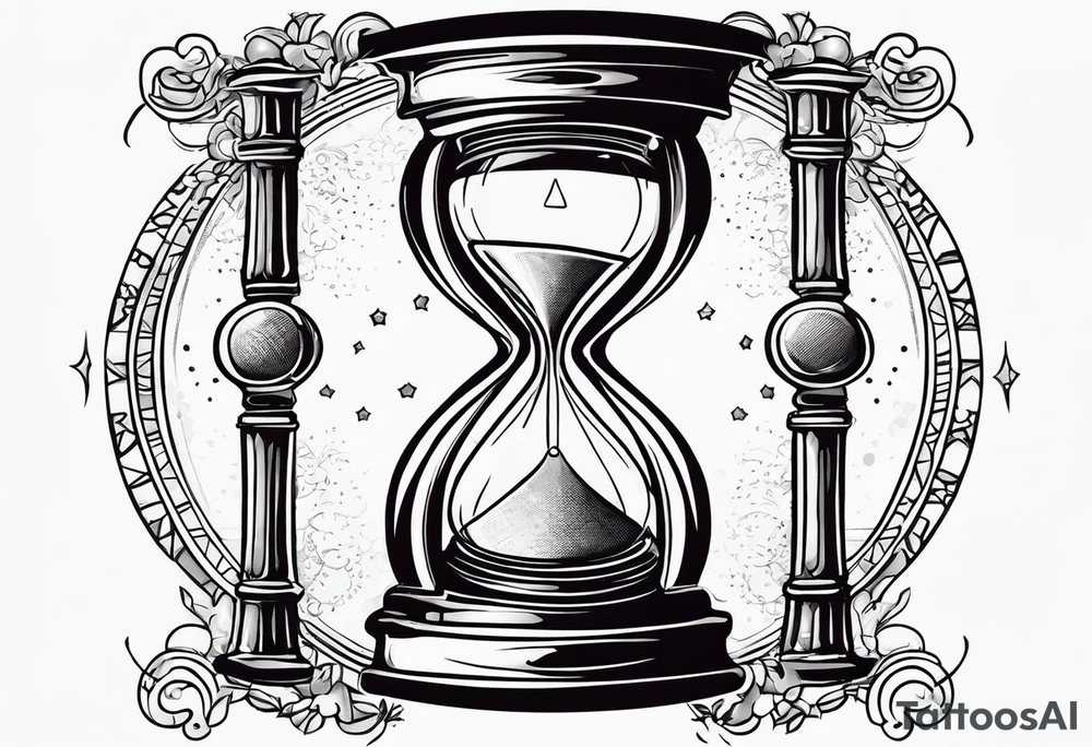 draw a clock/hourglass. They are surrounded by Roman numerals. It is a black and white tattoo for the right shoulder of a man tattoo idea