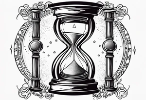 draw a clock/hourglass. They are surrounded by Roman numerals. It is a black and white tattoo for the right shoulder of a man tattoo idea