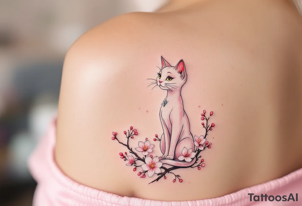 Marie the cat from The Aristocats in a delicate watercolor style, with soft pinks and whites, sitting gracefully among blooming cherry blossoms. tattoo idea