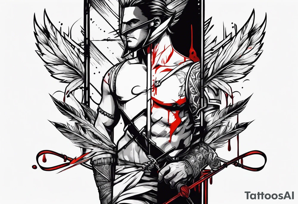 an arrow with only one drip of blood on the tip of it simple line art tattoo idea
