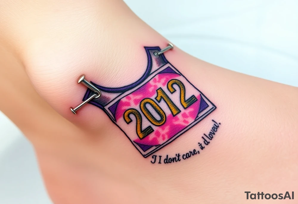 Safety pins through the skin attaching a running bib with 2012 and purple and gold accents with “I don’t care, I love it” around the outside tattoo idea