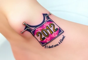 Safety pins through the skin attaching a running bib with 2012 and purple and gold accents with “I don’t care, I love it” around the outside tattoo idea
