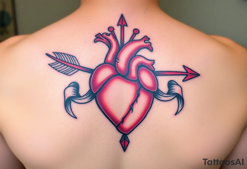 anatomical heart pierced by ornate arrow with flowing ribbons tattoo idea