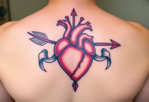 anatomical heart pierced by ornate arrow with flowing ribbons tattoo idea