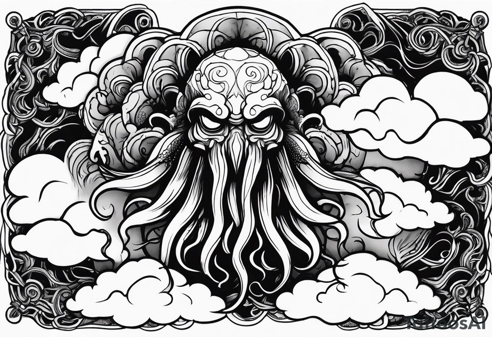 Cthulhu face surrounded by storm clouds with white lightning, tentacles and clouds wrapping around forearm tattoo idea Cthulhu face surrounded by storm clouds with white lightning, tentacles and clouds wrapping around forearm tattoo idea