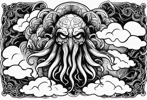 Cthulhu face surrounded by storm clouds with white lightning, tentacles and clouds wrapping around forearm tattoo idea