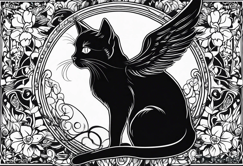 black cat with angel halo tattoo idea