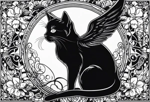 black cat with angel halo tattoo idea