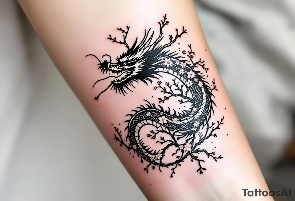 detailed dragon japanese style sakura trees abstract lines dark/rough aesthetic tattoo idea