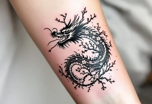 detailed dragon japanese style sakura trees abstract lines dark/rough aesthetic tattoo idea