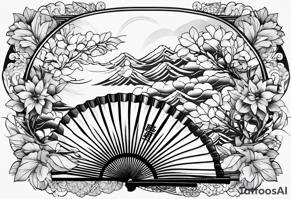 Japanese fan mostly black with basic leaves around it tattoo idea