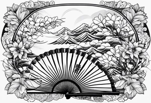 Japanese fan mostly black with basic leaves around it tattoo idea