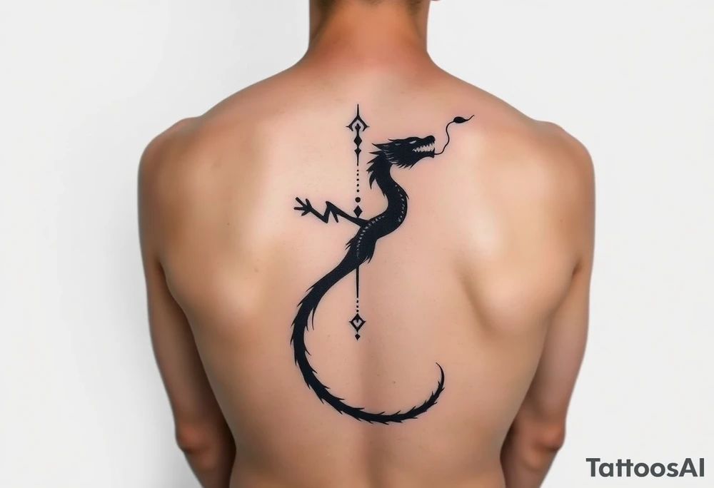 A vertical back tattoo featuring a minimalist, ink-brush style dragon, flowing down the spine like smoke or calligraphy. The dragon is abstract and dynamic, with soft, fluid black strokes. incorporating Amazigh (Berber) symbols for strength, freedom, and identity. The design should reflect themes of transformation, grounding, and soul direction, resonating with a journey of inner rebirth and spiritual embodiment. Style: fine linework, sacred geometry, tribal influence, and dotwork. Ink: black or dark brown. tattoo idea