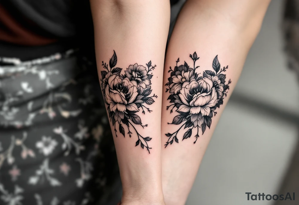 Matching flowery hearts in black ink, customized from each other’s actual prints. tattoo idea